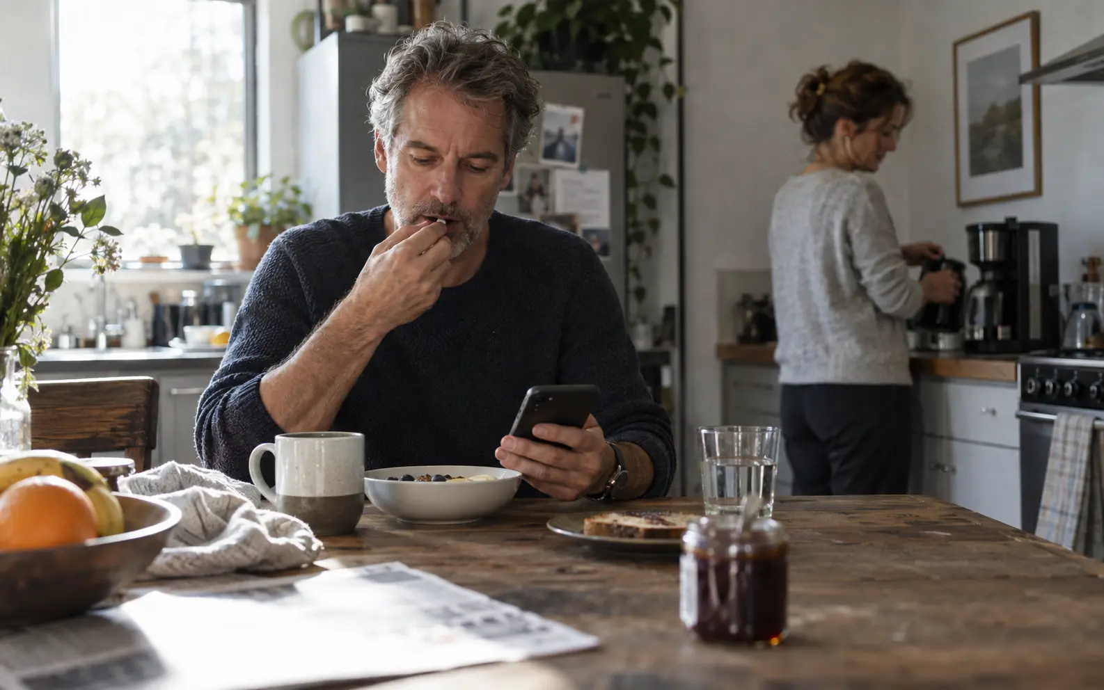 A patient checking a medication reminder during breakfast