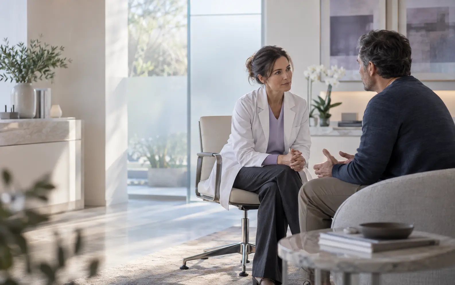 A clinician listening closely to a patient