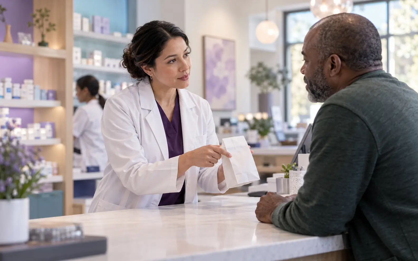 A pharmacist explaining medication instructions to a patient