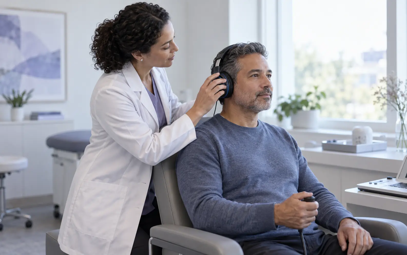 An audiologist guiding a patient through a hearing screening
